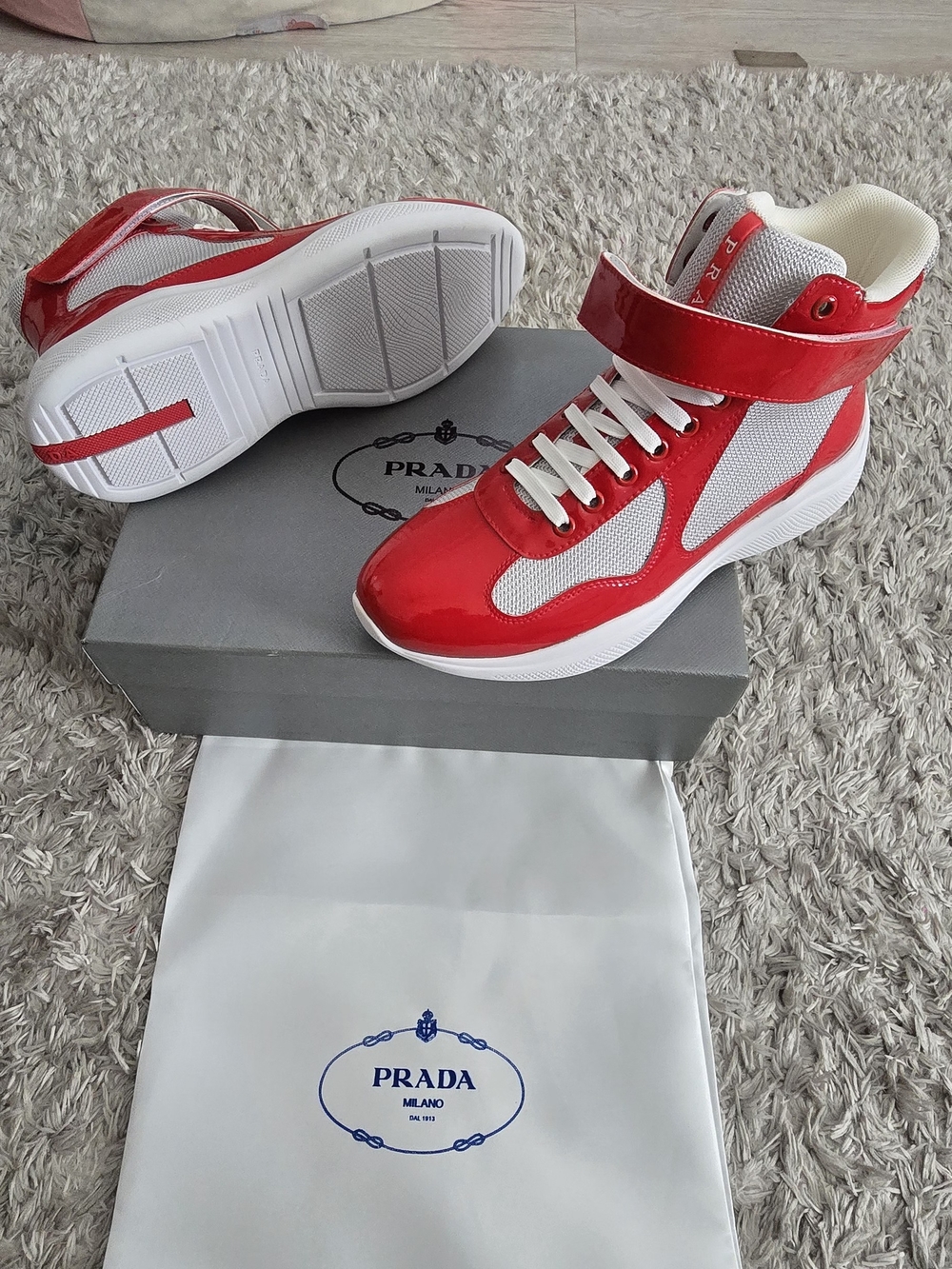 Prada Red and White High-Top Sneakers